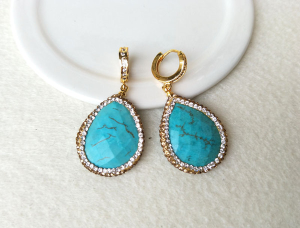 Gold Plated Drusy stone,natural turquoise Crystal Earring With Pave Zircon Dangle Earrings Gem stone Jewelry ER119