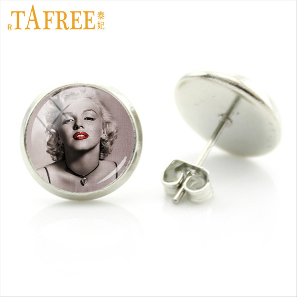 TAFREE Movie Star Stud Earrings Cabochon Marilyn Monroe Audrey Hepburn Elvis cat King women earring Rhodium Plated jewlery A690