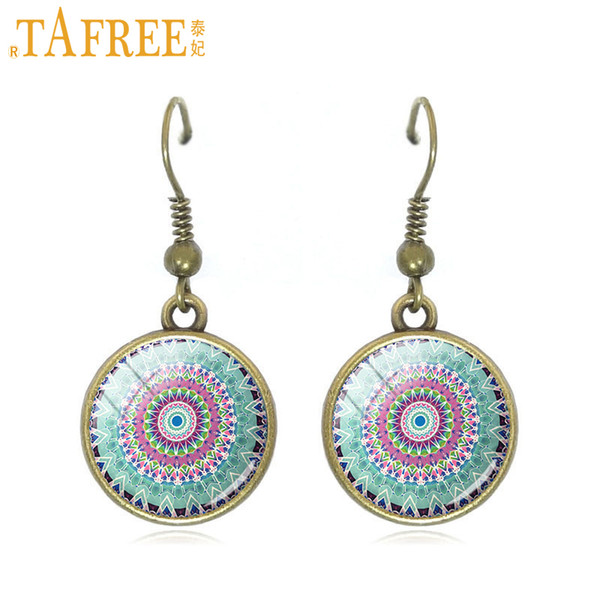 TAFREE Hippie Mandala Drop Earrings Pompom Bohemian Paisley Meditation dangle earrings art picture glass round jewelry A448