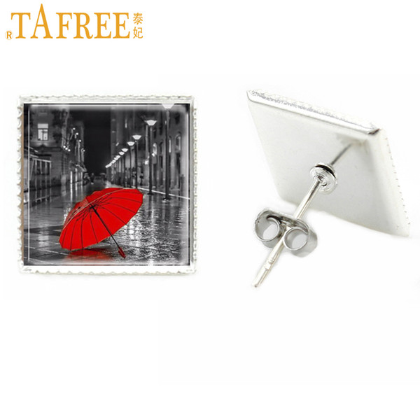 TAFREE new arrival punk square stud earrings women silver plated stud earrings red umbrella bijoux fashion jewlery E516