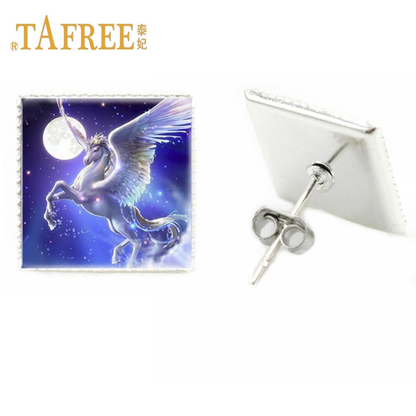 TAFREE cute Animal square stud earrings lucky horse earrings for women unicorn earings fashion jewelry friend gift jewelry UN22