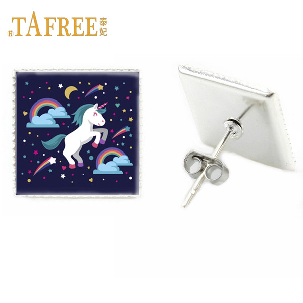 TAFREE cute unicorn square stud earrings Time gems vintage ornaments earrings for women earings fashion jewelry UN28