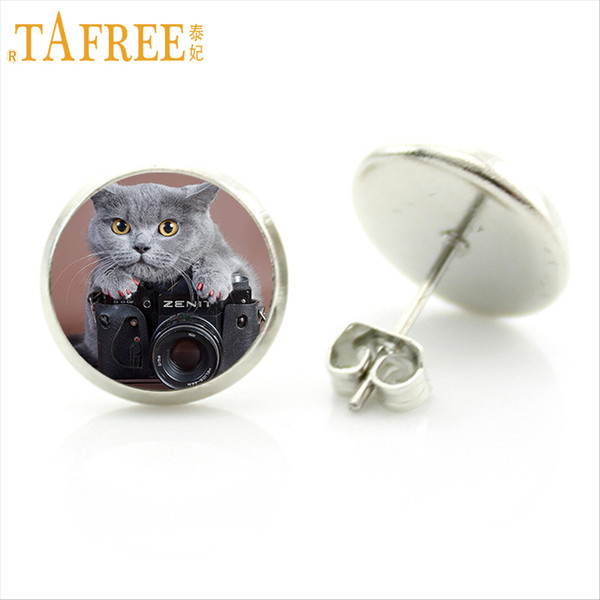 TAFREE high quality handmade cat glass photo stud earrings cute lovely kitten charms women cat lover jewelry animal earring E790