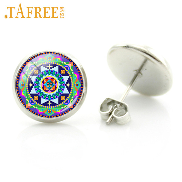 TAFREE 2018 new women vintage Stud Earrings buddhist Sacred geometry mandala round Glass cabochon dome dangle jewlery H354