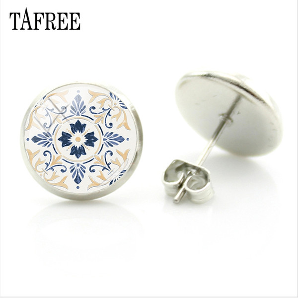 TAFREE 2018 Azulejo Portugues Stud Earrings Temperamental Earring Portugal Round Glass cabochon Flower Graphic Jewelry AP31