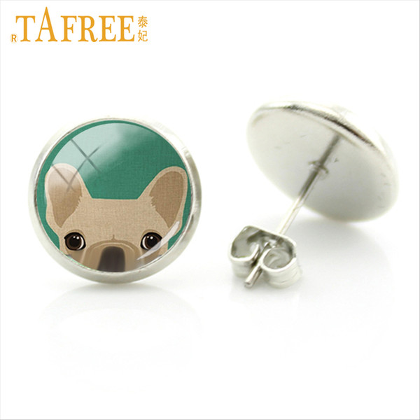 TAFREE Cute Dog Earrings vintage glass cabochon Pug photo animal pendant charms for children gift New fashion 2018 jewlery A132