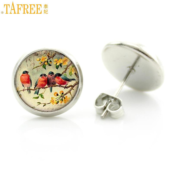 TAFREE vintage women charms antique birds art stud earrings wedding party jewelry fashion peacock hummingbird earrings D1470