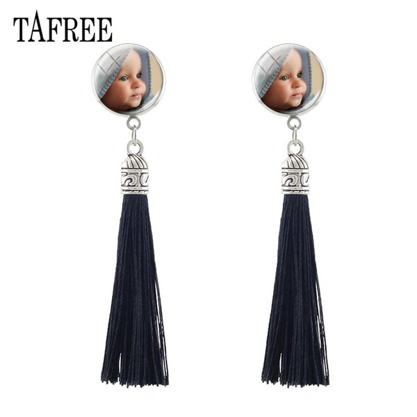 TAFREE New Customized Tassel Stud Earring Personalized Photo earrings Christmas Gift Mom Custom Jewelry Photo Glass Dome Earbob NA01