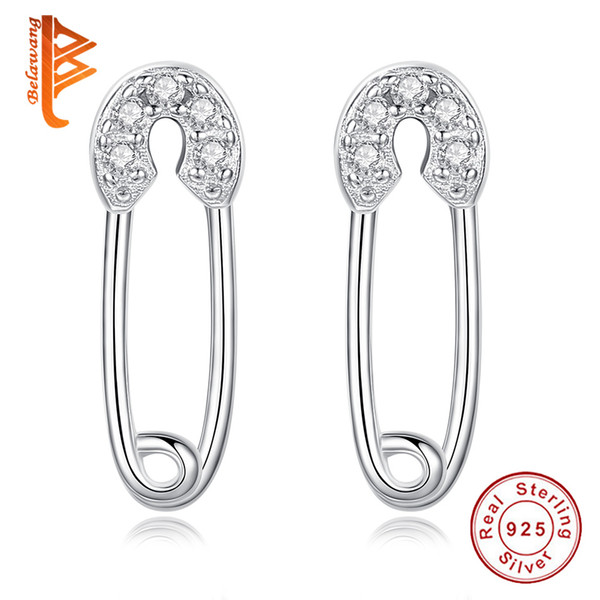 BELAWANG Unique Paper Clip Stud Earrings For Women Creative Jewelry 925 Sterling Silver Shiny Clear Cubic Zircon Brooch Earrings