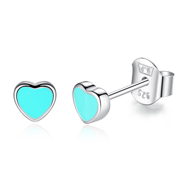 BELAWANG Wholesale 925 Sterling Silver Love Heart Shape Stud Earrings Women Girl Fashion Jewelry Blue&Pink Enamel Earrings For Party Gift