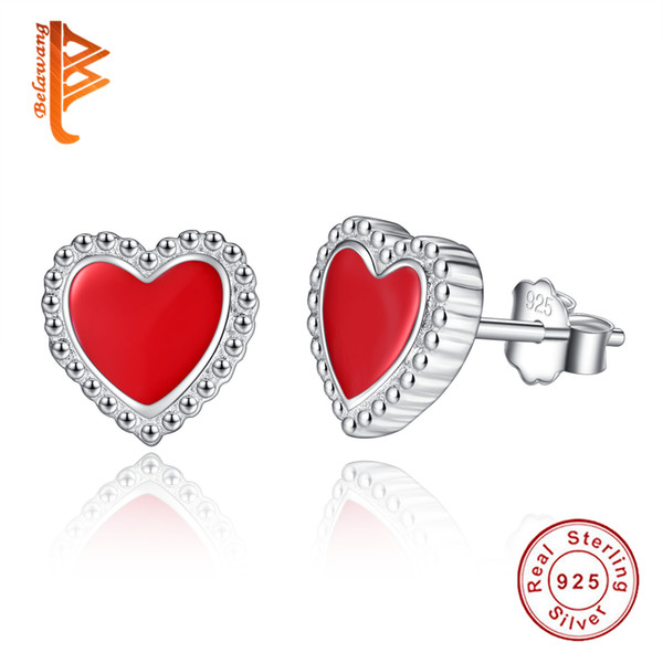 BELAWANG 100% Authentic 925 Sterling Silver Red Enamel Heart Stud Earrings For Women Fashion Jewelry Wedding Engagement Gift