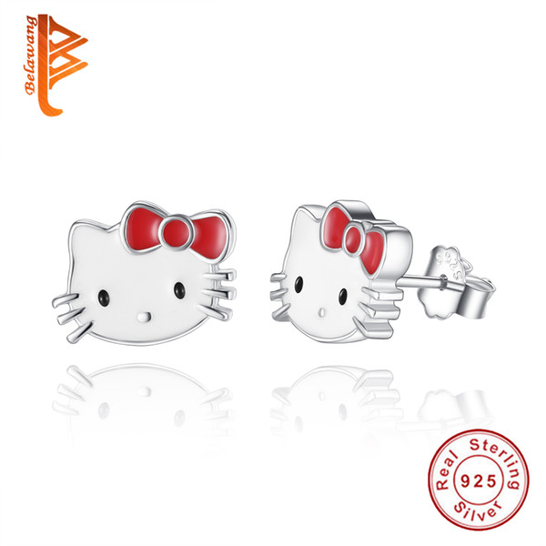 BELAWANG For Women Children Cute Cartoon Earrings 925 Sterling Silver Enamel Kitty Cat Stud Earrings Fashion Jewelry Birthday Gift