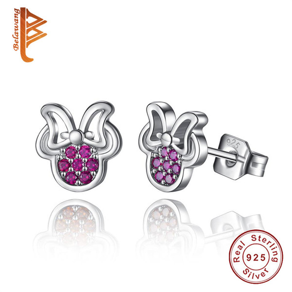 BELAWANG Women 925 Sterling Silver Red Crystal Sparkling Stud Earrings Cubic Zircon Bow Knot Earrings 925 Jewelry Wholesale for Lovely Gift