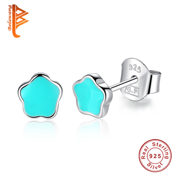 BELAWANG Exquisite 925 Sterling Silver Flower Stud Earrings for Girls Fashion Jewelry Black&Blue&Pink Enamel Earring Women Birthday Gift