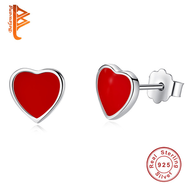 BELAWANG New Heart Shape Red Enamel Small Stud Earrings Elegant 925 Sterling Silver Jewelry for Women Wedding Jewelry Gift