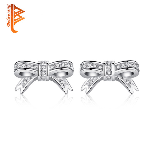 BELAWANG Brand Design Antique Silver Sparkling Bow Knot Stud Earrings For Women Clear CZ Earring Compatible with Wedding Jewelry