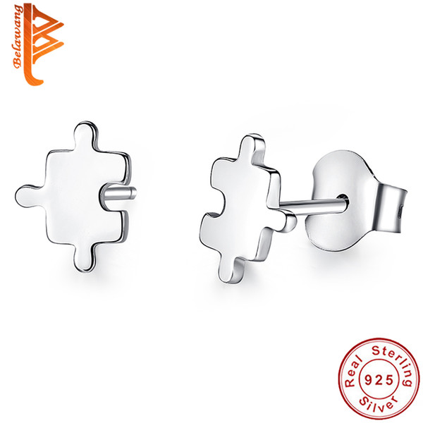 BELAWANG Unique Design Game Puzzle Stud Earrings Authentic 925 Sterling Silver Women Earrings DIY Jewelry Making Party Gift