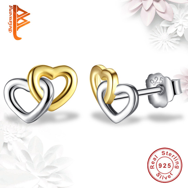 BELAWANG Fashion 925 Sterling Silver Rose Gold Heart Stud Earrings Double Heart Women Earrings Wedding Engagement Jewelry Gift Wholesale