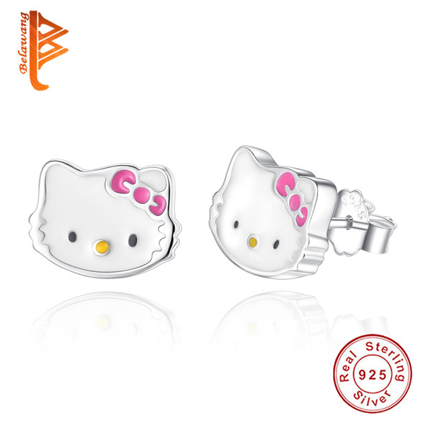 BELAWANG Lovely Cute Kitty Cat Stud Earring Fashion Jewelry 925 Sterling Silver Cartoon Animal Stud Earring For Women with Pink Bow Knot