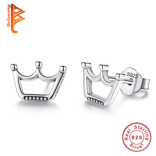 BELAWANG Classic Hollow Queen Crown Stud Earrings for Women Authentic 925 Sterling Silver Earring Engagement Wedding Jewelry