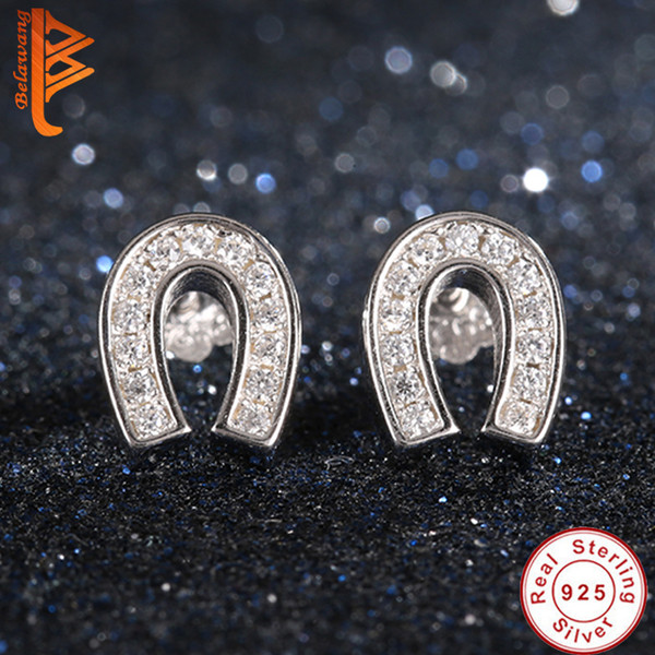 BELAWANG Women Studs Earings U Shape Hook 925 Sterling Silver Clear White CZ Paved Hypoallergenic Earring Wholesale fit Any Occasions