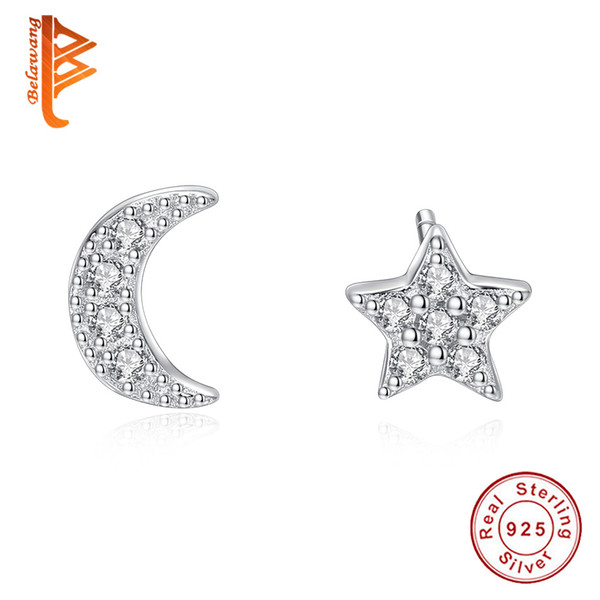 BELAWANG New Trendy Star Moon Stud Earrings For Women Shining Cubic Zirconia Earring Authentic 925 Sterling Silver Jewelry Anniversary Gift