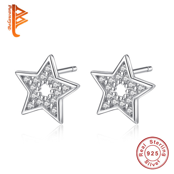 BELAWANG Genuine 925 Sterling Silver Stars Openwork Stud Earrings Cubic Zirconia Pentagram Earrings For Women DIY Jewelry Engagement Gift