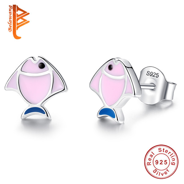 BELAWANG 2018 Fashion Jewelry 925 Sterling Silver Cute Fish Stud Earrings Pink Enamel Earrings For Women Birthday Party Gifts