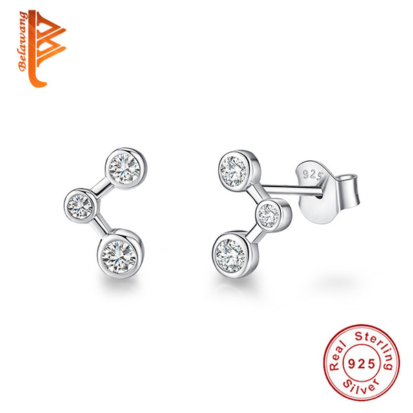 BELAWANG Genuine 925 Sterling Silver Geometric Earrings with Clear CZ Crystal Stud Earrings For Women Elegant Jewelry