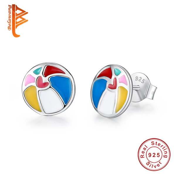 BELAWANG 100% 925 Sterling Silver Multi-color Sketchpad Stud Earrings For Women Children Lovely Earring Jewelry Accessories