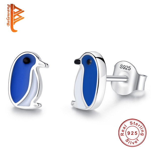 BELAWANG 925 Sterling Silver Penguin Stud Earrings With Blue Enamel Lovely Animal Earrings For Women Girls Fashion Jewelry Birthday Gift