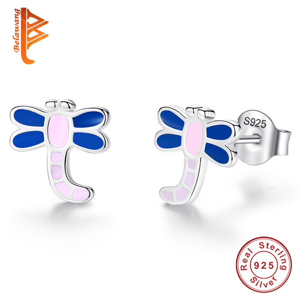 BELAWANG 2018 Fashion 925 Sterling Silver Lovely Earrings For Women Enamel Dragonfly Stud Earrings Jewelry Animal Collection