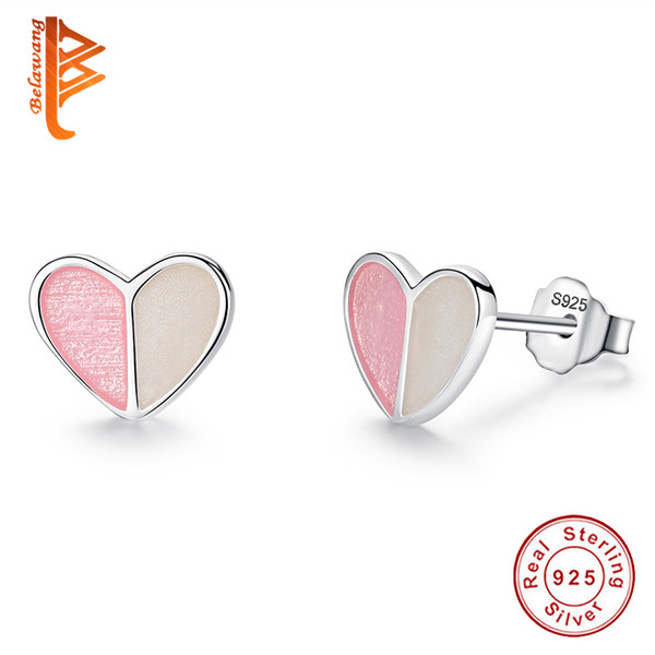 BELAWANG 2018 Summer New Pink Enamel Heart Earrings 925 Sterling Silver Stud Earrings For Women Ladies Fashion Jewelry Gift