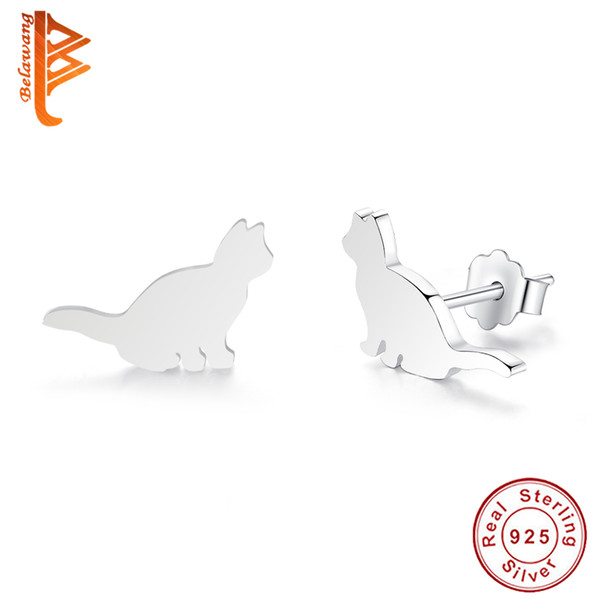 BELAWANG Authentic 925 Sterling Silver Cute Cat Small Stud Earrings for Women Sterling Silver Earrings Jewelry Birthday Gift