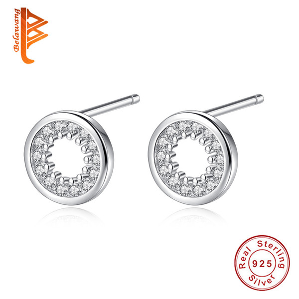 BELAWANG 100% 925 Sterling Silver Clear CZ Circle Openwork Stud Earrings For Women Girls Minimalist Jewelry Fashion Accessories Gifts