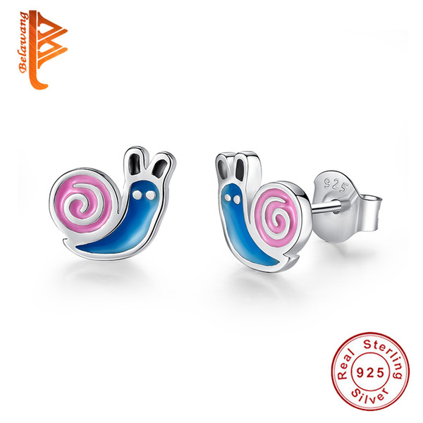 BELAWANG Animal Collection Lovely Enamel Snails Stud Earrings For Children Girls Authentic 925 Sterling Silver Earrings Jewelry