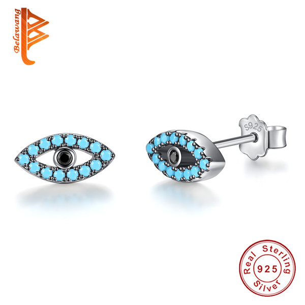 BELAWANG New 925 Sterling Silver Blue Eyes Stud Earrings For Women Girls Blue Crystal Earrings Fashion Jewelry Birthday Gift