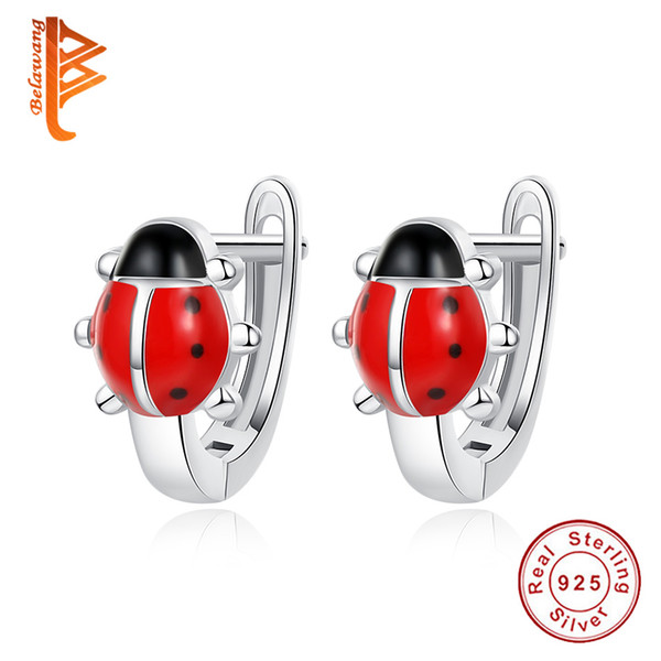 BELAWANG Christmas Gift 925 Sterling Silver Cute Ladybug Hoop Earrings Red Enamel Animal Earrings For Women Kids DIY Fashion Jewelry