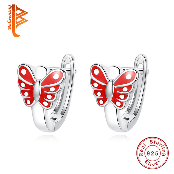 BELAWANG Fashion Red Enamel Butterfly Hoop Earring For Women Children 925 Sterling Silver Lovely Animal Earrings Birthday Party Jewelry