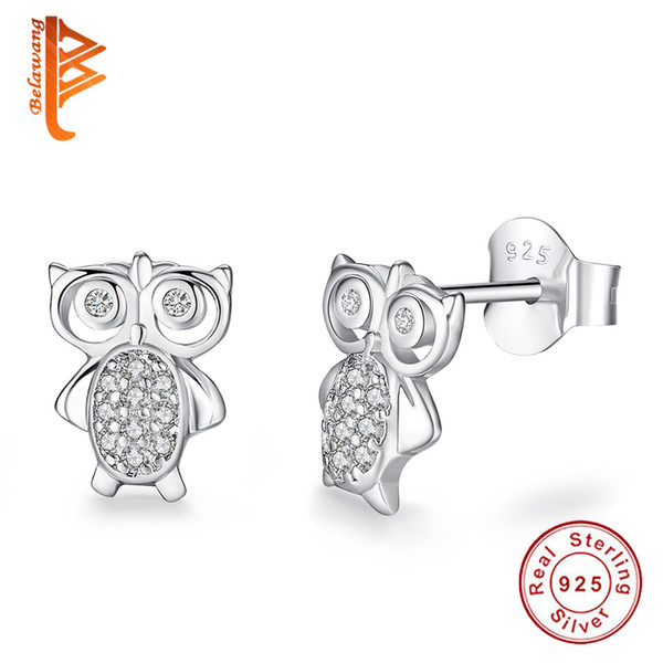 BELAWANG For Women And Children Lovely Owl Stud Earrings With CZ 925 Sterling Silver Animal Earrings Summer Fashion Jewelry