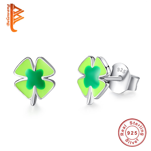 BELAWANG New Arrival Genuine 925 Sterling Silver Four Leaves Clover Stud Earrings For Women Green Enamel Earrings Fashion Jewelry Lucky Gift