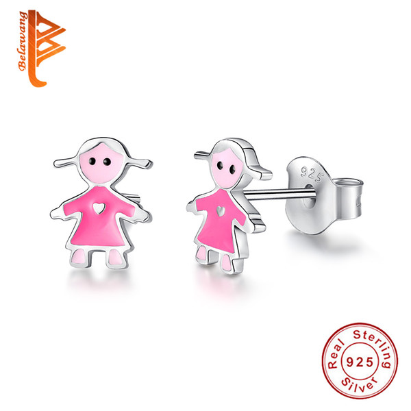 BELAWANG 925 Sterling Silver Stud Earrings Little Girl Earrings With Pink Enamel For Woman Fashion Jewelry Authentic Silver