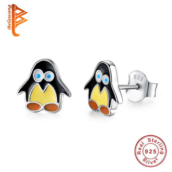 BELAWANG 925 Sterling Silver Animal Earrings For Women Girl Lovely Penguin Stud Earrings With Enamel Fashion Jewelry