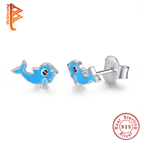 BELAWANG Real 925 Sterling Silver Enamel Dolphin Stud Earrings Women Jewelry Accessories Lovely Jewelry Gift For Children's Day