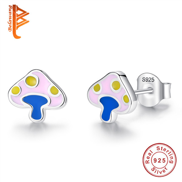 BELAWANG 2018 New Pink Enamel Mushroom Stud Earrings 925 Sterling Silver Earrings for Women Girls Fashion Jewelry