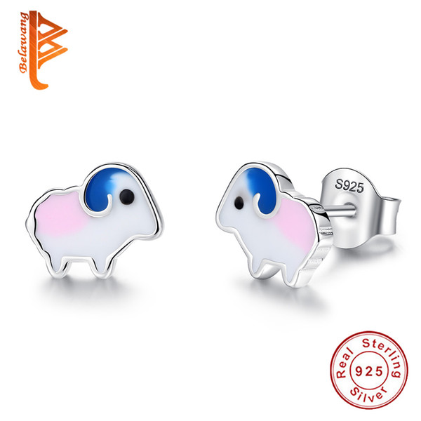 BELAWANG 2018 New 925 Sterling Silver Enamel Sheep Animal Stud Earring for Women Exquisite Sterling Silver Small Earrings Jewelry