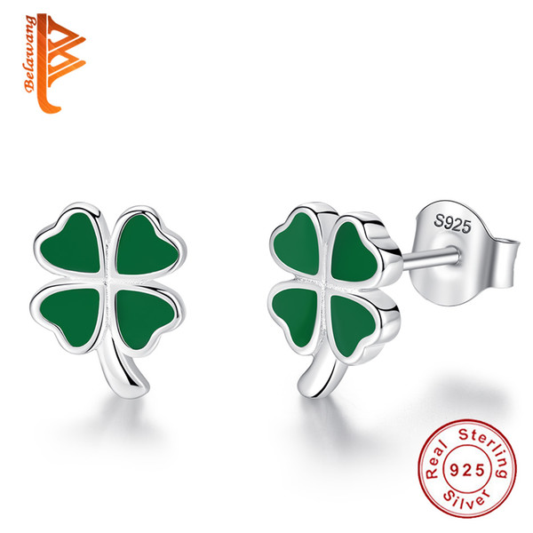 BELAWANG Summer Style 925 Sterling Silver Clover Flower Women Stud Earring Green Enamel Earring for Women Fashion Silver Jewelry