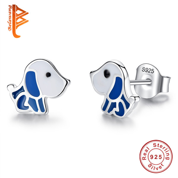 BELAWANG 925 Sterling Silver Animal Dog Small Stud Earring for Children Kids Blue & White Enamel Earrings Silver Jewelry Gift