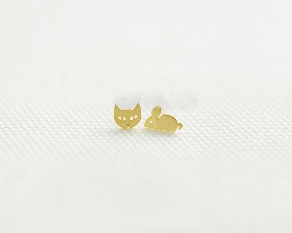 Fashion CAT AND MOUSE silver plated stud earrings Animal character combination stud earrings for women wholesale free shipping