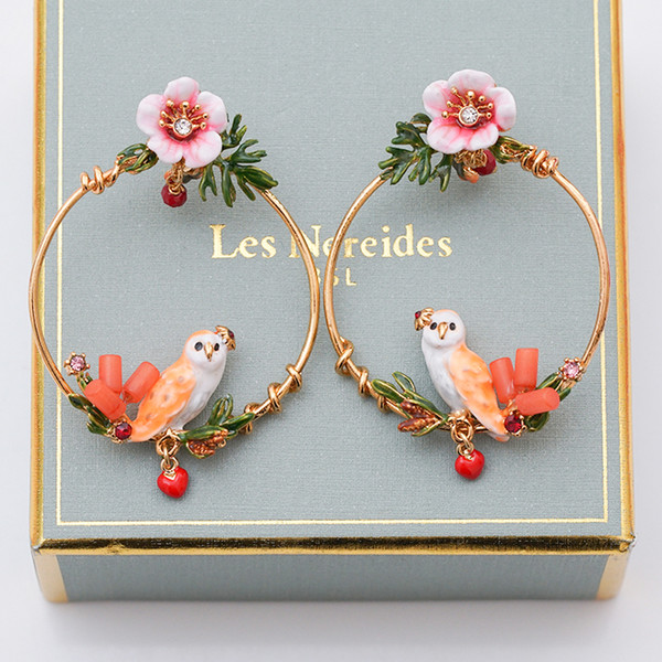 Les BSL nereides Owl series enamel glaze powder flower green leaf owl earrings big ear ring